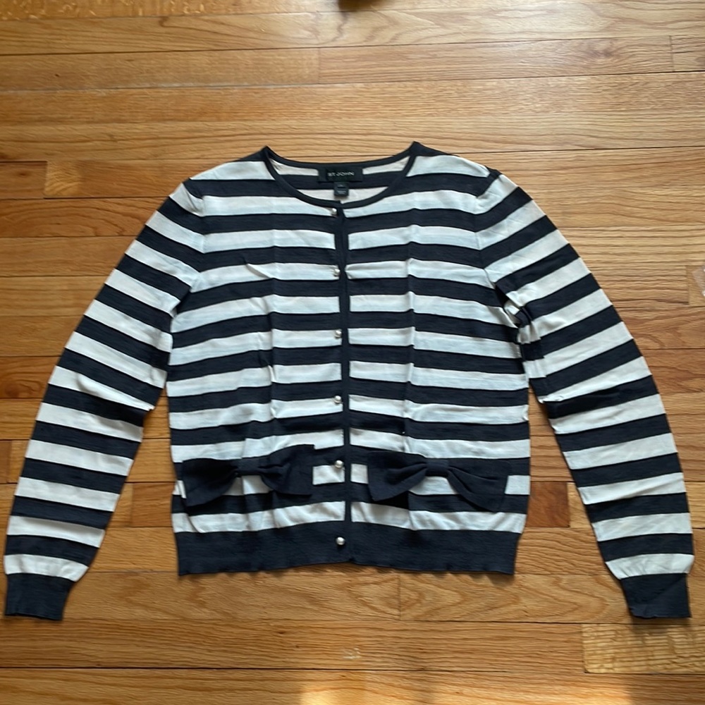 St John‎ light weight  stripe top sweater with bows wool L  (stain )